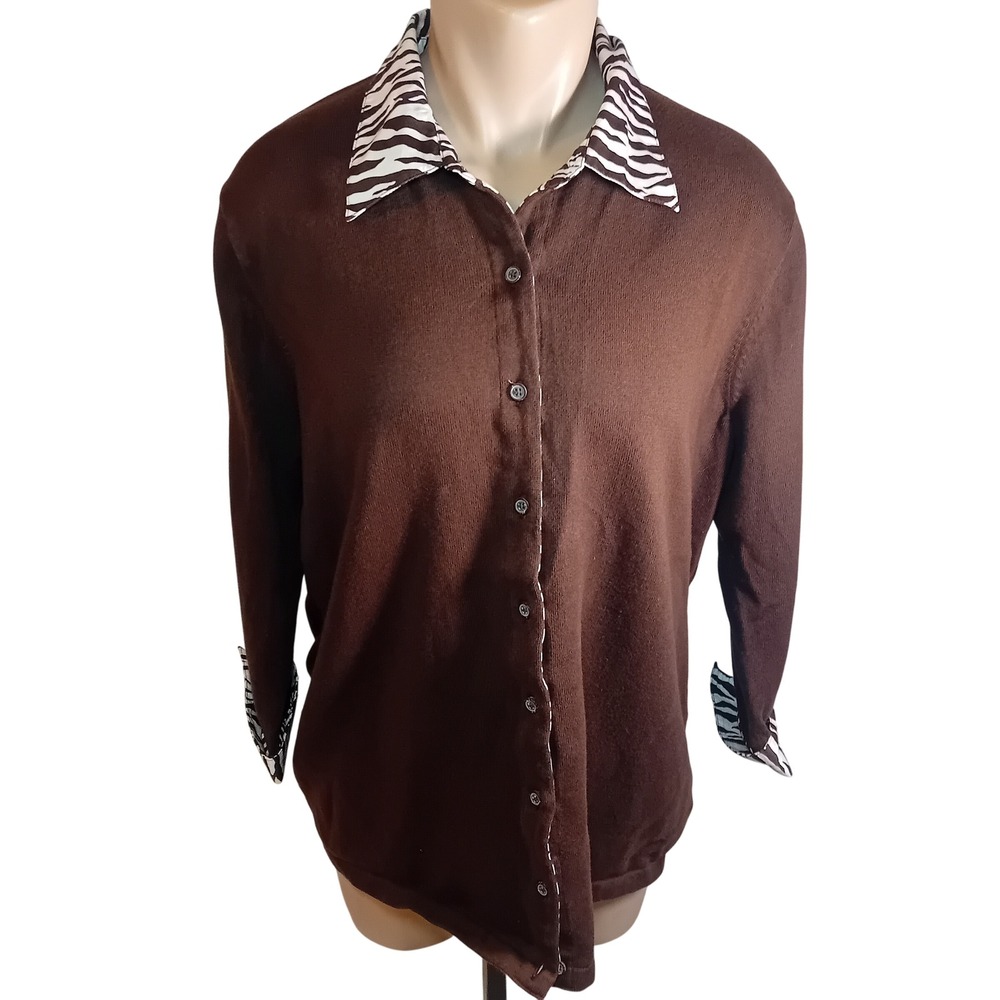 Vintage Plus Size Jones New York Signature‎ Zebra Collar Button Up Sweater 1X